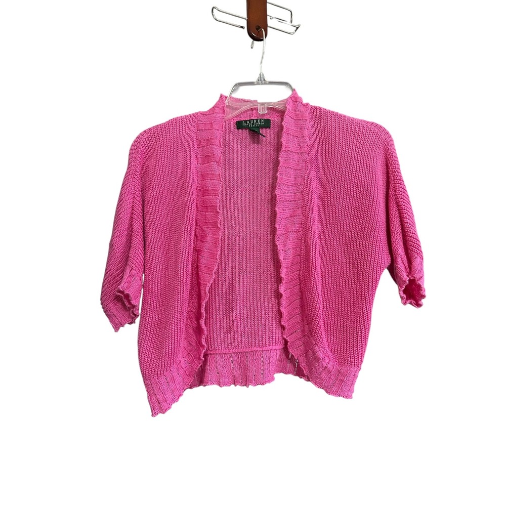 Lauren Ralph Lauren‎ Petite M/L Pink Linen Blend Cropped Cardigan Shrug Sweater